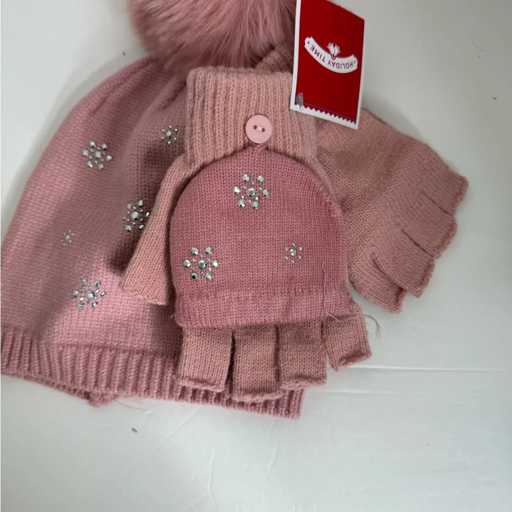 Holiday Time Pink Knit Hat and Glove Set